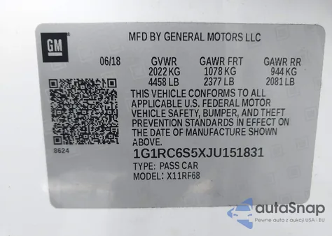 2018 Chevrolet Volt Lt z USA, uszkodzony, nr VIN 1G1RC6S5XJU151831